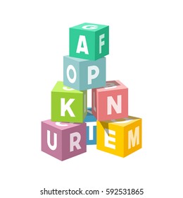 Pastel colored block building tower. Bricks vector illustration on white background. Alphabet cubes with letters.