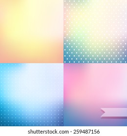 Pastel colored blurred vector background set, polka dot pattern wallpaper; soft pink,  blue and yellow defocused empty backdrops