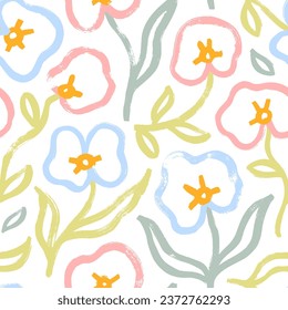 Pastel colored botanical seamless pattern with orchid and hibiscus flowers. Sketch naive style, brush drawn colorful tropical flowers. Botanical nature wallpaper. Rustic style drawing.