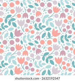 Pastel colored botanical seamless pattern with crayon drawn branches, leaves, flowers and berries. Hand drawn vector decorative wrapping paper. Naive funky wallpaper in childish girly style.