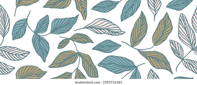 Pastel colored branches with leaves seamless pattern. Hand drawn abstract twigs and leaves with veins. Abstract banner botanical design. Cartoon linear background. Childish doodle plants.