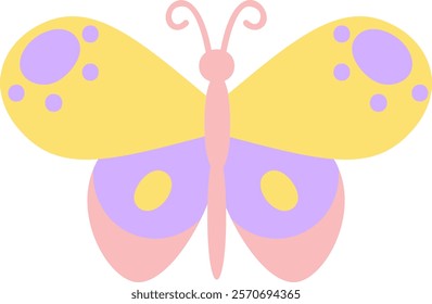 Pastel colored butterfly with yellow and purple wings and pink body, a simple and cute design perfect for children s illustrations or decorative projects