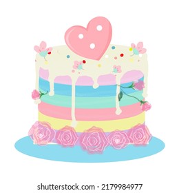 Pastel colored cake decorated with roses and hearts on a white background.