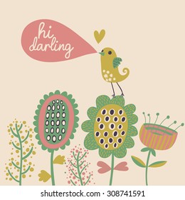 Pastel colored cartoon card in vector. Romantic background with cute bird and flowers. Hi darling concept card