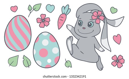 Pastel colored cartoon easter vector collection set with bunny, spring flowers, colored eggs, leaves, hearts and carrot