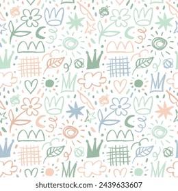 Pastel colored childish seamless pattern with girly crayon elements. Hand drawn crown, stars, moon and squiggles. Childish freehand scribble and hand drawn crayon shapes. Neutral charcoal drawings.