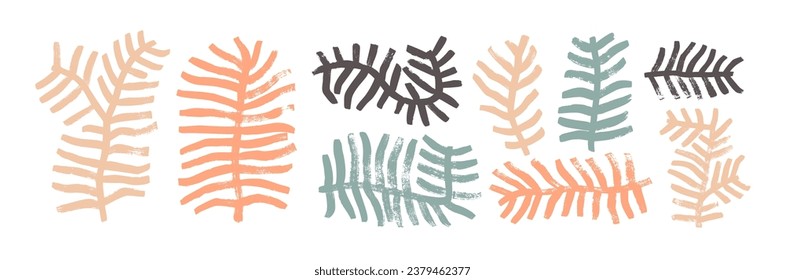 Pastel colored Christmas pine branches and cones, geometric cedar twigs. Brush drawn vector winter plants. Vector botanical illustration, foliage silhouettes. Abstract branches with texture.