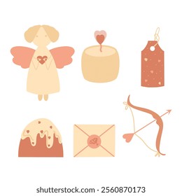 Pastel colored clipart, festive clipart, angel, envelope, bow, cake, gift tag, candle. Vector illustrations