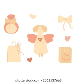 Pastel colored clipart, festive clipart, angel, perfume, bow tie, bag, calendar. Vector illustrations