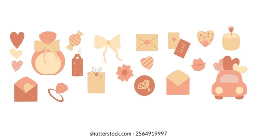 Pastel colored clipart, festive clipart, car with hearts, envelope, cake, candle, perfume.
