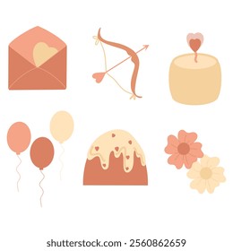 Pastel colored clipart, festive clipart, envelope, bow, balloon, cake, flowers, candle. Vector illustrations