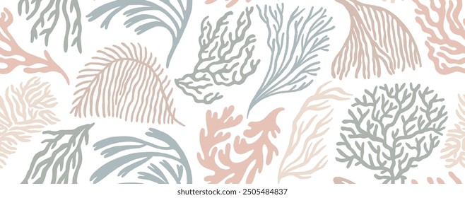 Pastel colored coral reef or seaweeds vector seamless pattern. Hand drawn linear underwater plants, naive corals and algae. Seamless banner design with trendy Matisse style curly seaweeds.