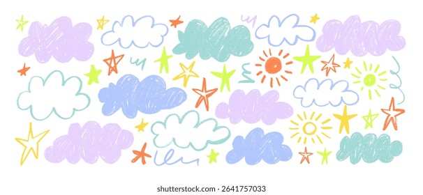 Pastel colored crayon drawn cute kid clouds, sun and stars. Vector naive colorful childish doodle clouds. Naive funky cute ink illustration. Pencil scribbled texture. Funky sky childish elements.