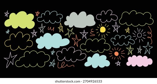 Pastel colored crayon drawn cute kid clouds, sun and stars on black background. colorful childish doodle clouds. Naive funky cute ink symbol. vector illustration.