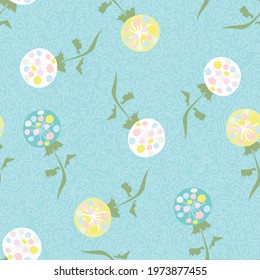 Pastel colored dandelion style floral vector repeat pattern with flowers in blue, lemon yellow and white scattered on a pale blue textured backdrop