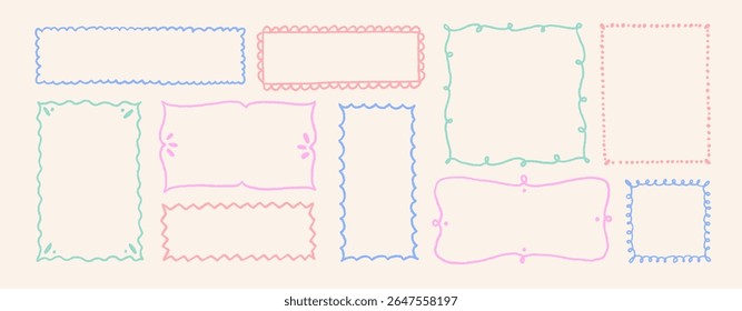 Pastel colored doodle crayon drawn whimsical frames with spiral, wavy lines, zigzag and dots. Line art cute childish funky frames. Cute pencil drawn blank rectangles. Emphasis rectangular shapes.
