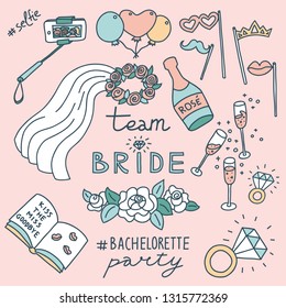 Pastel colored doodle illustration of bachelorette party decorations. Selfie stick,  ballons, props, veil, champagne, diamond rings, roses, signing book. Hashtags and Team Bride lettering.