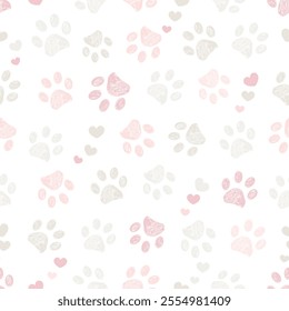 Pastel colored doodle paw prints and hearts seamless fabric design pattern