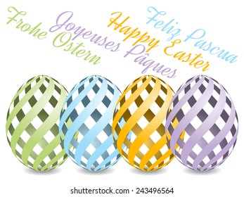 pastel colored Easter eggs with shadow on white background with text Happy Easter from four various languages. Happy Easter, Frohe Ostern, Feliz Pascua, Joyeuses Paques.