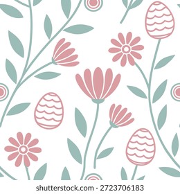 Flores de Pascua de color pastel y huevos de Pascua sin patrón de azulejos con suaves vibraciones de primavera concepto como suaves vibraciones de primavera con flores de Pascua de color pastel y huevos crean un patrón de azulejos sin fisuras en Foto de archivo Concepto y espacio vacío en el lado izquierdo, sin texto --ar 7:2 --azulejo