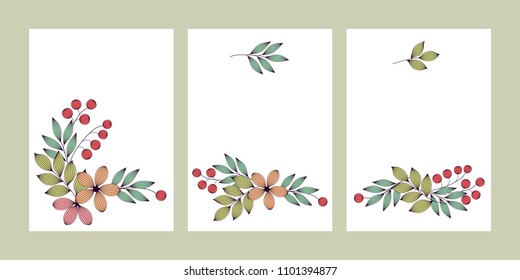 Pastel colored elegant leaves and flowers with veins floral cards templates set, vector