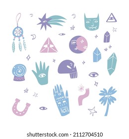 Pastel colored esoteric, magical, witching, lucky charms design elements collection. Crystals, four-leaf clover, crystal ball for fortune telling, all-seeing eye. Hand-drawn vector elements set.