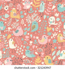 Pastel colored floral romantic seamless pattern with cute cartoon birds in vector. Seamless pattern can be used for wallpapers, pattern fills, web page backgrounds,surface textures