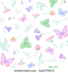 Pastel colored floral seamless pattern with flowers, butterflies and dragonflies. Vector illustration on white background.