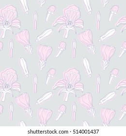 Pastel colored floral seamless pattern with flowers and stamen. Vintage botanical illustration eps 8