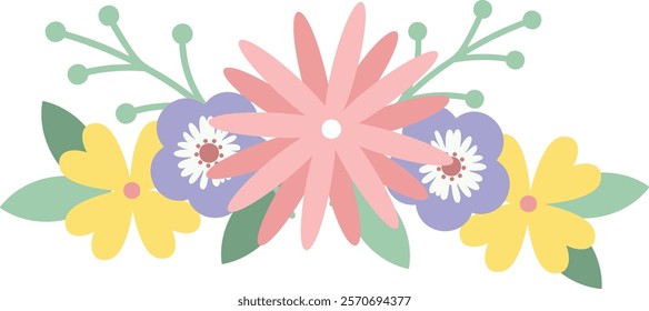 Pastel colored flowers and leaves are arranged in a bouquet, creating a cheerful and vibrant floral arrangement against a clean white background, ideal for spring or summer themes