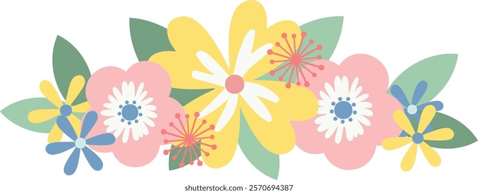 Pastel colored flowers and leaves arranged in a stunning composition, capturing the vibrant and joyful essence of springtime, radiating beauty and freshness throughout the season