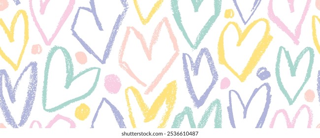 Corazones geométricos de colores pastel diseño de Anuncio sin costuras. Crayón dibujado corazones lindos con puntos simples en estilo de niño. Dibujado a mano lindo patrón romántico sin fisuras para el papel de regalo de cumpleaños.