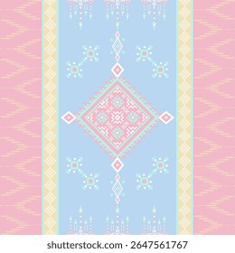 Pastel colored geometric pattern with diamond and square shapes on a blue background with pink and yellow side borders