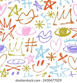 Pastel colored girly seamless pattern with crowns, hearts, stars and eyes. Hand drawn punk trendy background. Vector childish abstract illustration. Graffiti punk style colorful seamless pattern.