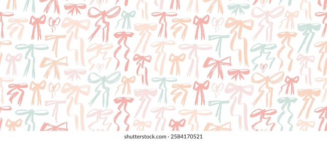 Pastel colored girly seamless pattern with crayon drawn bow knots and ribbons. Girly naive coquette bows seamless banner design. Hand drawn birthday or holiday wrapping paper. Vector ink illustration.