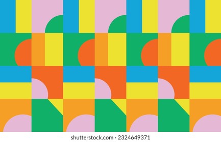 Pastellfarbenes Grafikmuster. Moderner, abstrakter, geometrischer Hintergrund mit Kreisen, Rechtecken, Quadraten und Streifen im Bauhaus-Stil. 