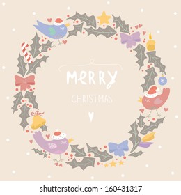 Pastel colored greeting card with a Christmas wreath. EPS 10. No transparency. No gradients.