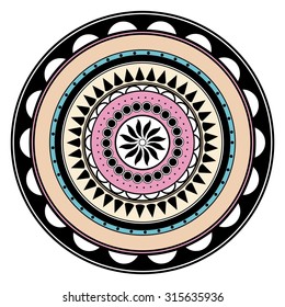 Pastel colored hand drawn zentangle mandala element on white background