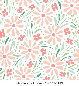 Pastel colored hand-painted daisies on white background vector seamless pattern. Delicate spring summer floral print