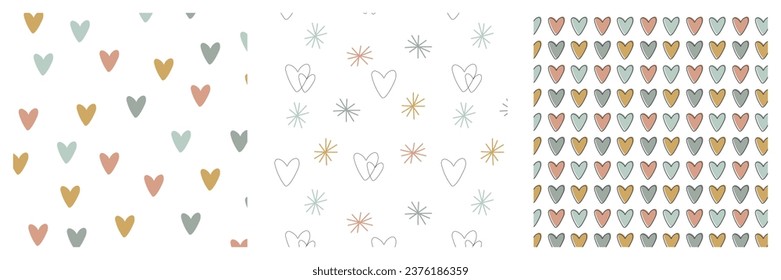 Pastel colored hearts seamless pattern set. Cute colorful hearts and stars repeat on white background. Romantic holiday design.  Vector illustration.