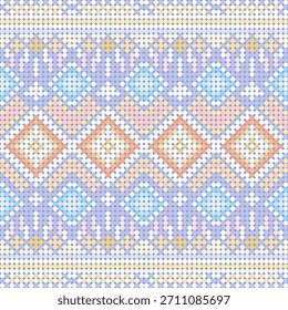 Pastel colored knitting pattern arranged using squares and diamonds in orange, yellow and purple.