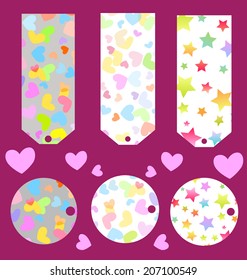 Pastel colored labels with  pattern of stars and hearts