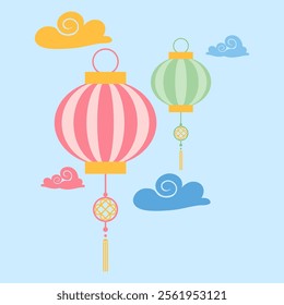 Pastel colored lanterns and traditional clouds illustration. A typical Chinese decorative pattern, it is a classic symbol of Asian culture, often associated with festivals and celebrations.