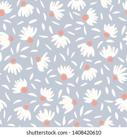 Pastel Colored Loosely Hand Drawn Feminine Elegant White Cone Flowers Vector Seamless Pattern. Subdued Spring-Summer Painterly Floral Print Perfect for Fashion, Beauty Products and Stationery