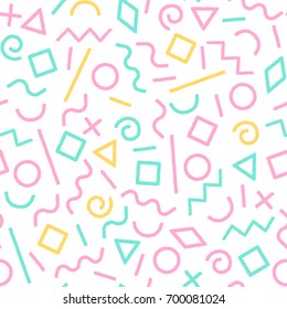 Pastel colored memphis abstract geometric shapes seamless pattern, vector