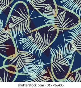 Pastel colored modern grange shapes in vector art wallpaper  pattern. Trendy fantasy freehand composition.Fashion print with palm leaves .