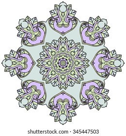 Pastel colored ornate mandala, white background, hand drawn vector illustration