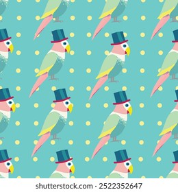 Pastel colored parrot wearing a top hat yellow dot background sea ​​green, graphic, vector illustrator.
