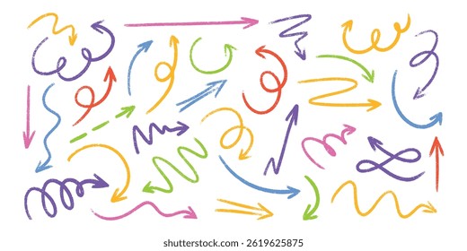 Pastel colored pencil arrow sketches - hand drawn doodle swirls, pointers, curves. Artistic chalk scribbles, chaotic strokes grunge design elements set. Crayon outline drawings, marker illustrations