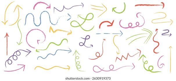 Pastel colored pencil arrow sketches - hand drawn doodle swirls, pointers, curves. Artistic chalk scribbles, chaotic strokes grunge design elements set.